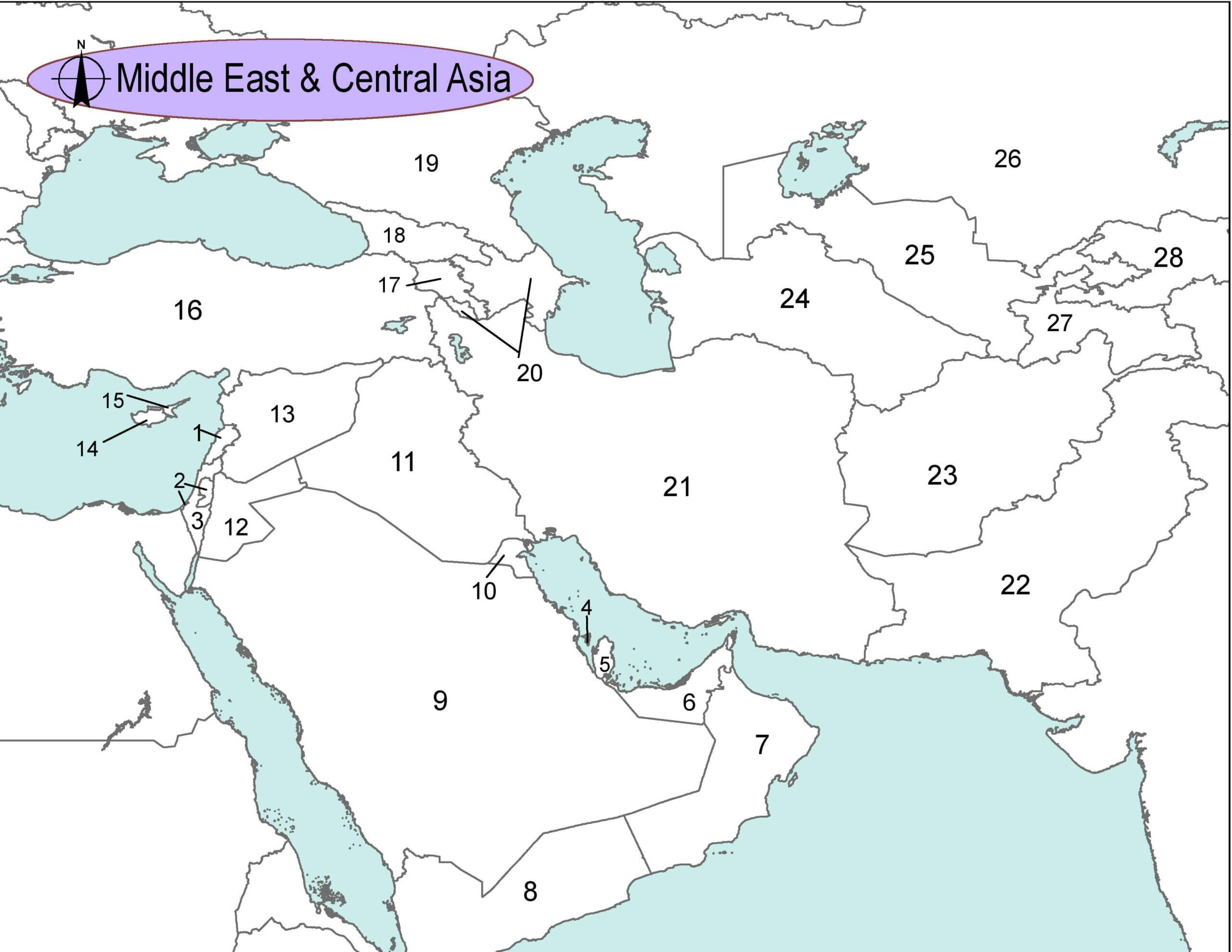 New Middle East & Central Asia Map - Numbers
